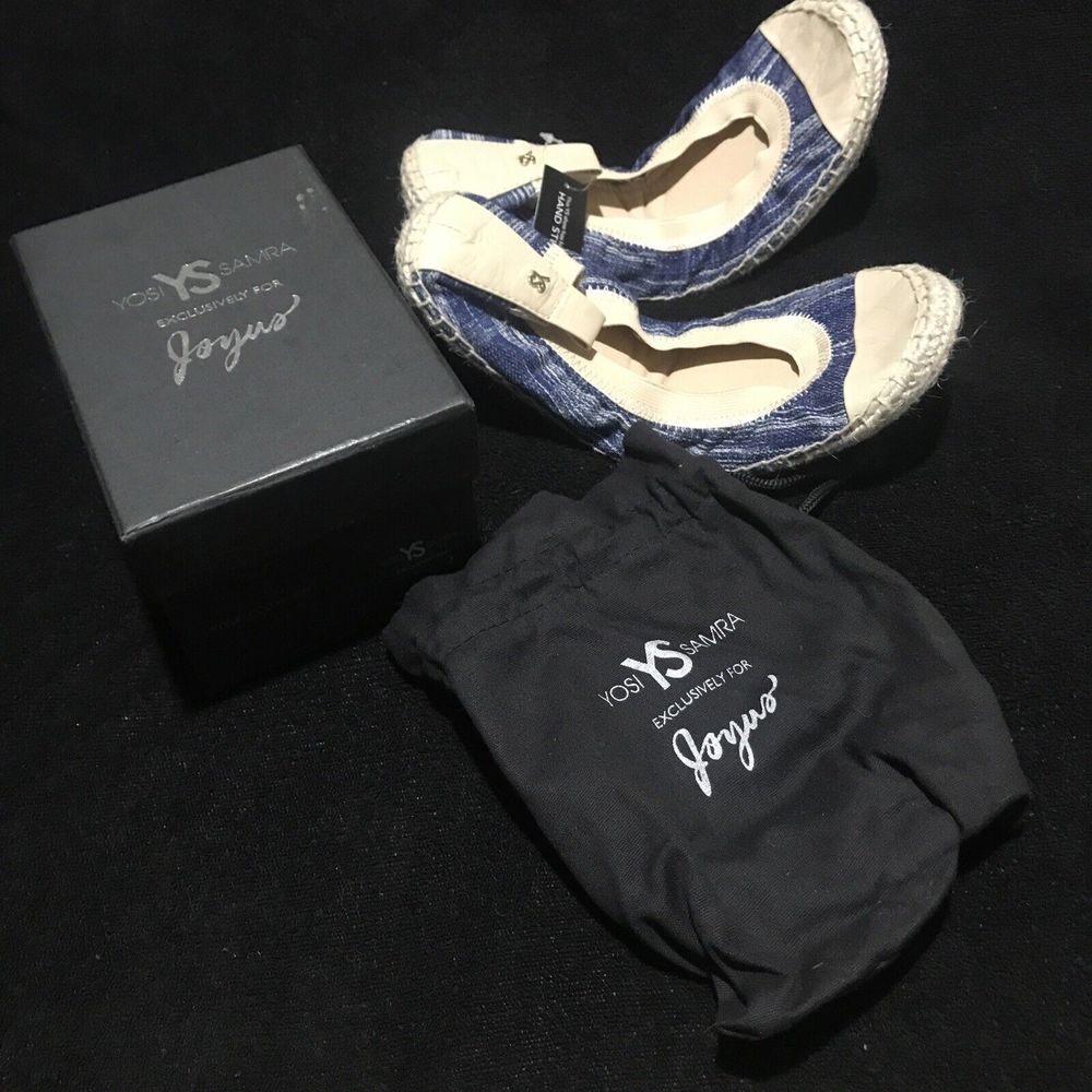 YOSI SAMRA NEW FOLDABLE BALLET FLATS 8M DENIM CANVAS W/CREAM CAP TOES